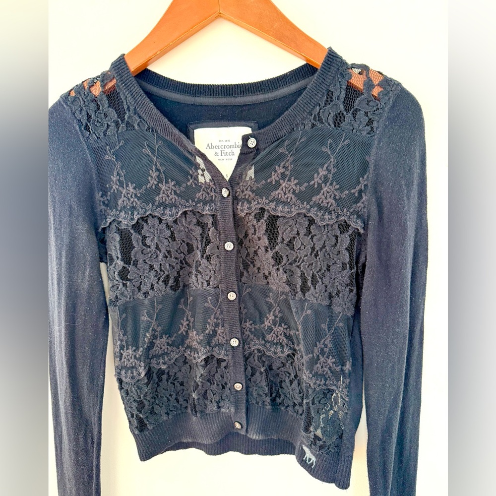 Abercrombie Women Navy Lace Sweater Button up Cardigan Long Sleeve Y2K Size S
